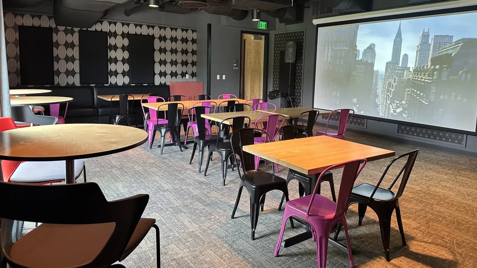 The Baxter event space, a private screening room with projector