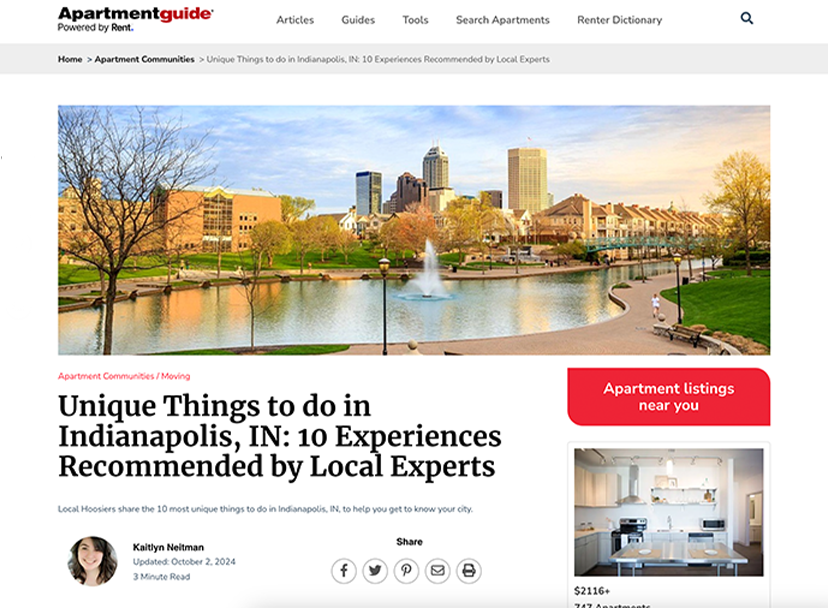 Screenshot of Apartment Guide blog naming Kan-Kan one of the top ten unique things to do in Indianapolis.